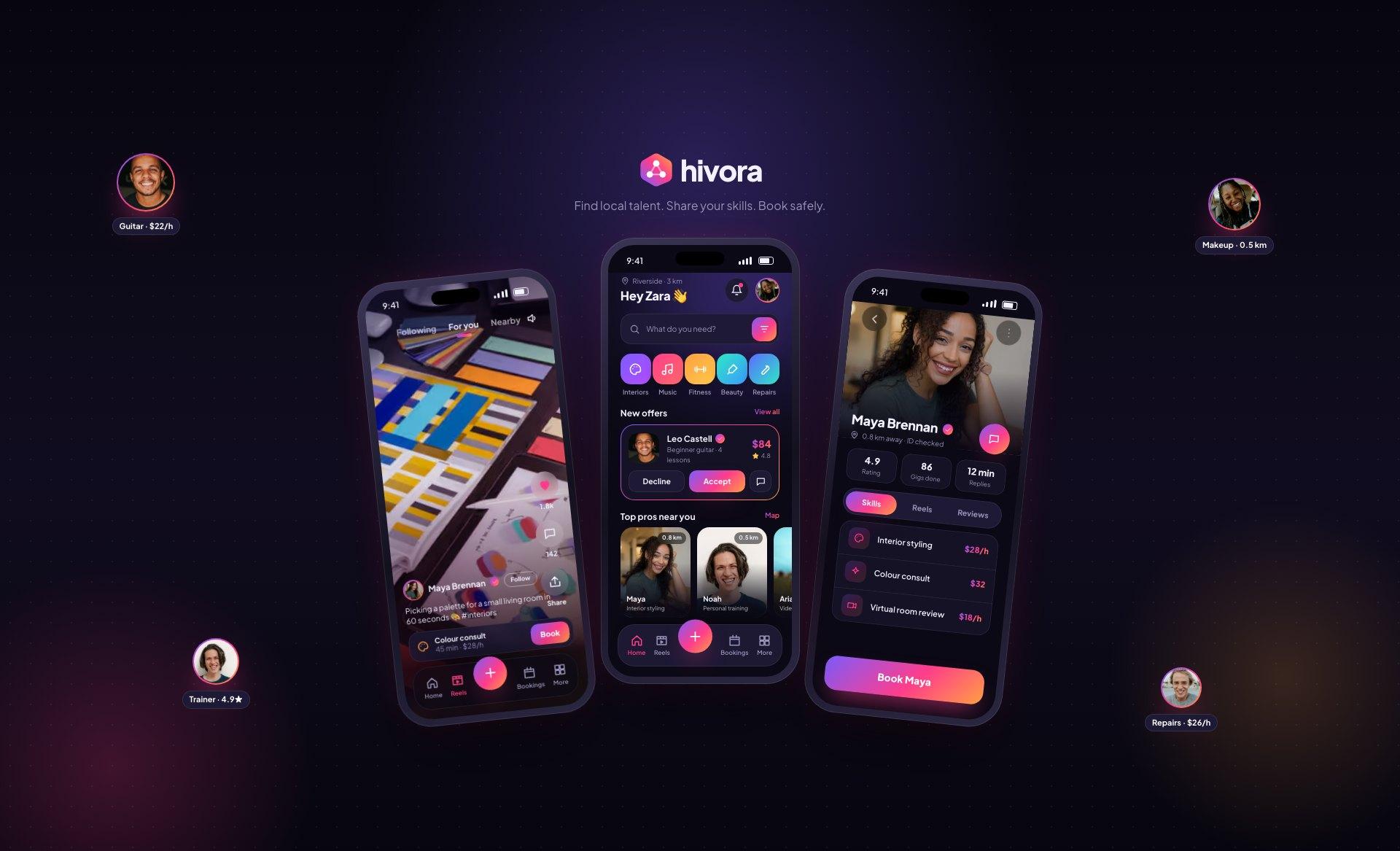 Hivora app: three dark phone screens showing a skill reel, the home screen with offers and nearby pros, and a verified pro profile