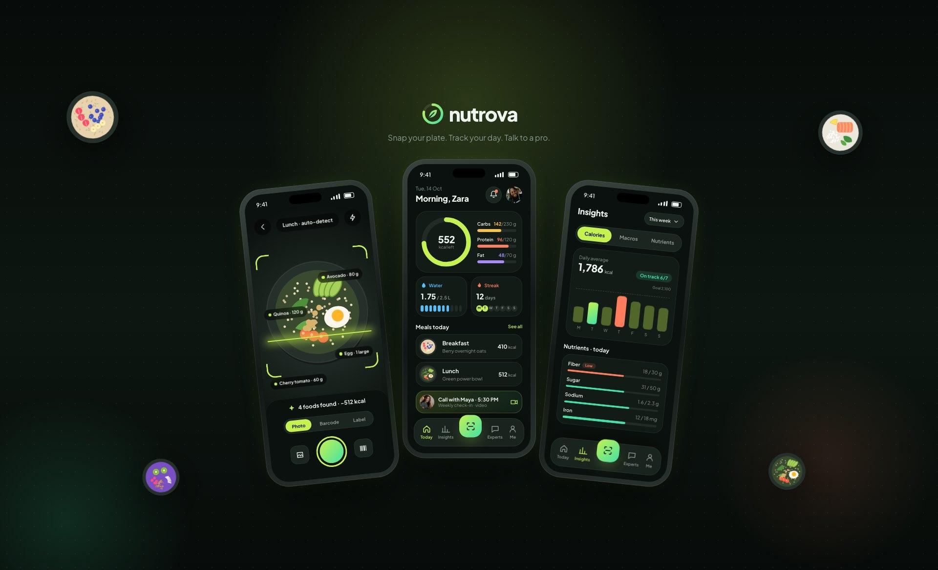 Nutrova app: three dark phone screens showing a meal being scanned, the daily calorie and macro dashboard, and weekly insights