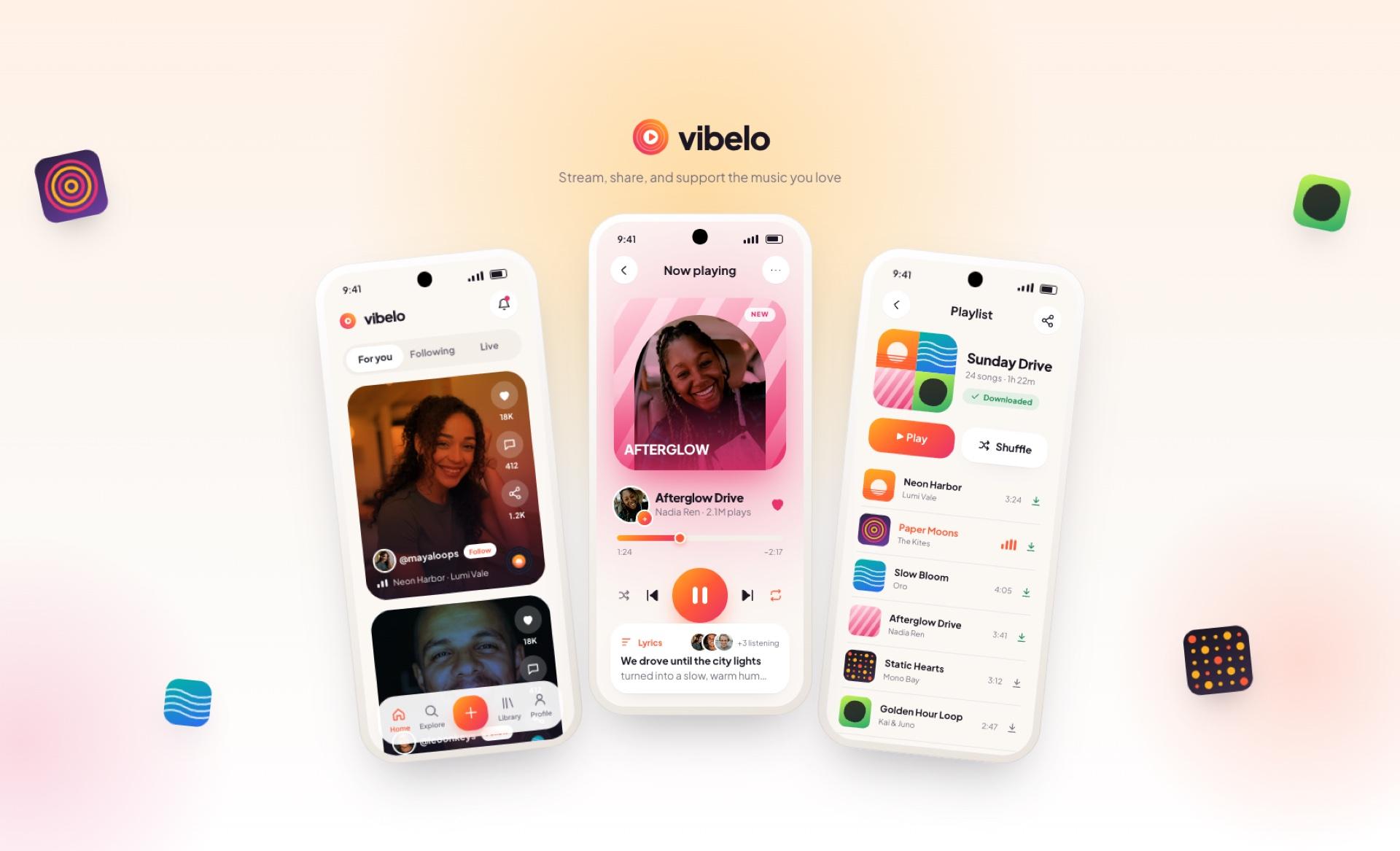 Vibelo app: three light phone screens showing the music feed, the now-playing screen, and a downloaded playlist